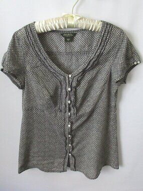 Eddie Bauer navy blue white floral ruffled button front short slv blouse *Sz M*